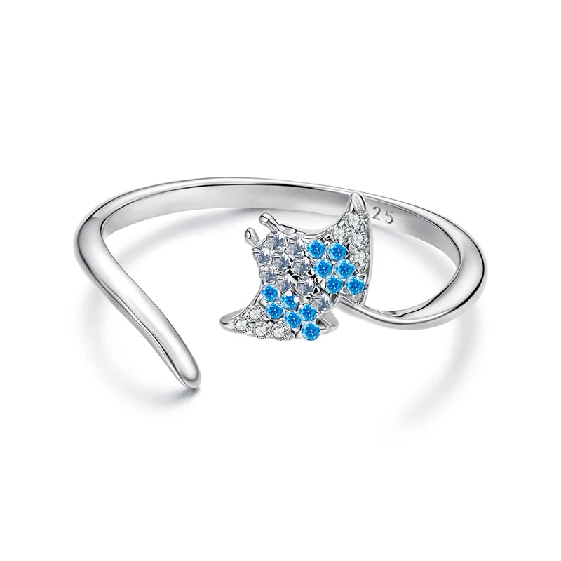 مجوهرات ووستو أوشن، خاتم مفتوح من الفضة الإسترليني عيار 925 بتصميم نجم البحر والسلحفاة، للنساء، بتصميم محارة زرقاء وسمكة مانتا، خواتم قابلة للتكديس، مناسبة للعطلات والشاطئ