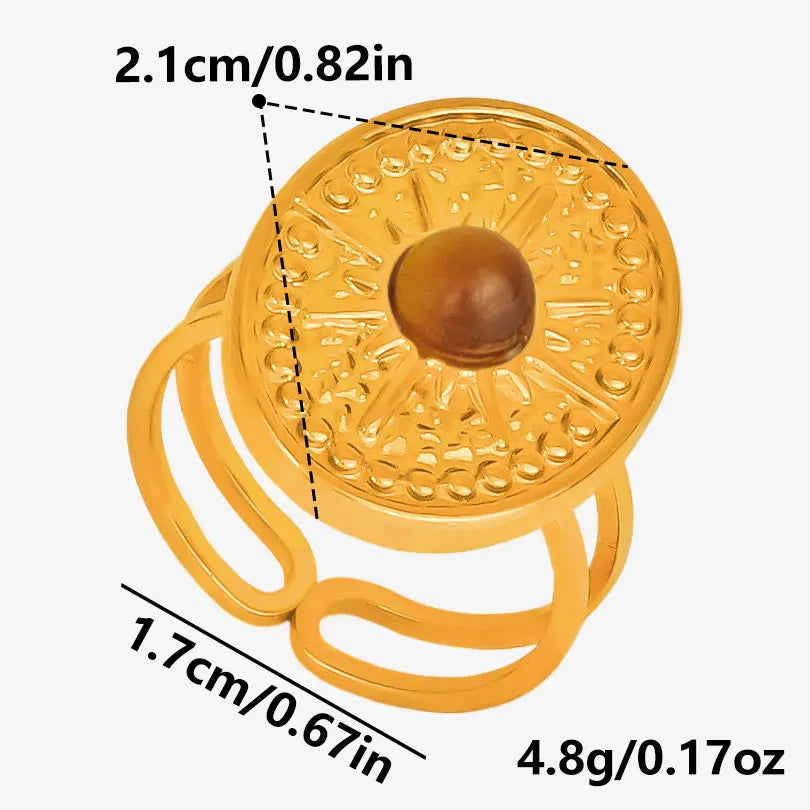 خاتم من حجر عين النمر الحقيقي على شكل قلب الشمس من الفولاذ المقاوم للصدأ، خواتم مفتوحة للنساء والرجال، إكسسوارات مجوهرات عتيقة مطلية بالذهب الحقيقي