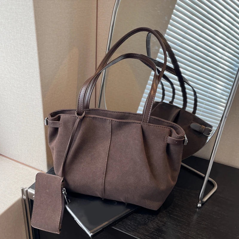 حقائب كتف من جلد الغزال للنساء، حقائب كبيرة من جلد الغزال، حقيبة خفيفة الوزن تحت الإبط، حقيبة تسوق عادية، حقائب سفر بلون واحد