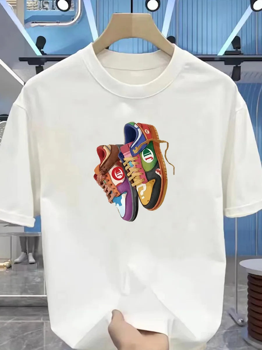 تي شيرت رجالي صيفي قطني - ماركة أزياء - نمط ملابس رياضية ضيقة - نمط عصري للمراهقين - حذاء مطبوع - بلوزة بأكمام قصيرة