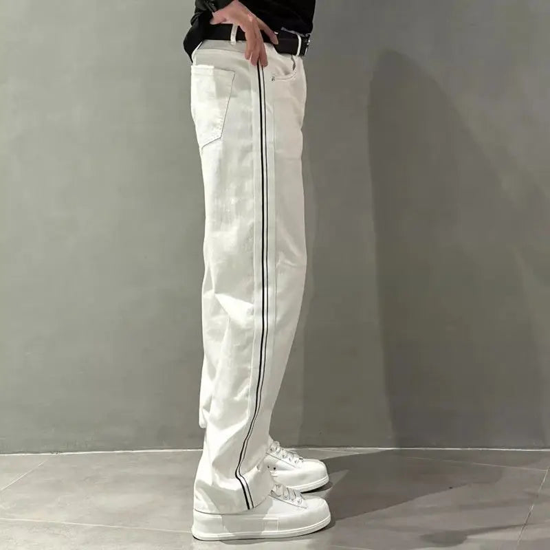 2025 Autumn New Style Jeans Men's Trendy Loose Side Strip Webbing Straight Pants for Youth Versatile Washing Wide-leg