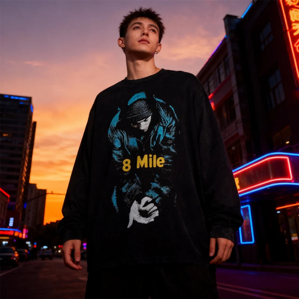 تي شيرت رجالي عتيق برسومات مطبوعة على الطراز الأمريكي من KUCLUT 8mile Fashion بأفضل جودة ومقاس كبير وأكمام طويلة