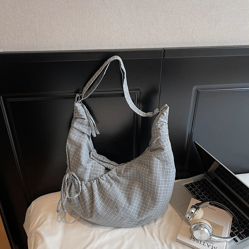 حقيبة كورية من القماش الكتاني بتصميم قرن البقر، حقيبة كبيرة الحجم، حقيبة كتف متقاطعة منقوشة للنساء