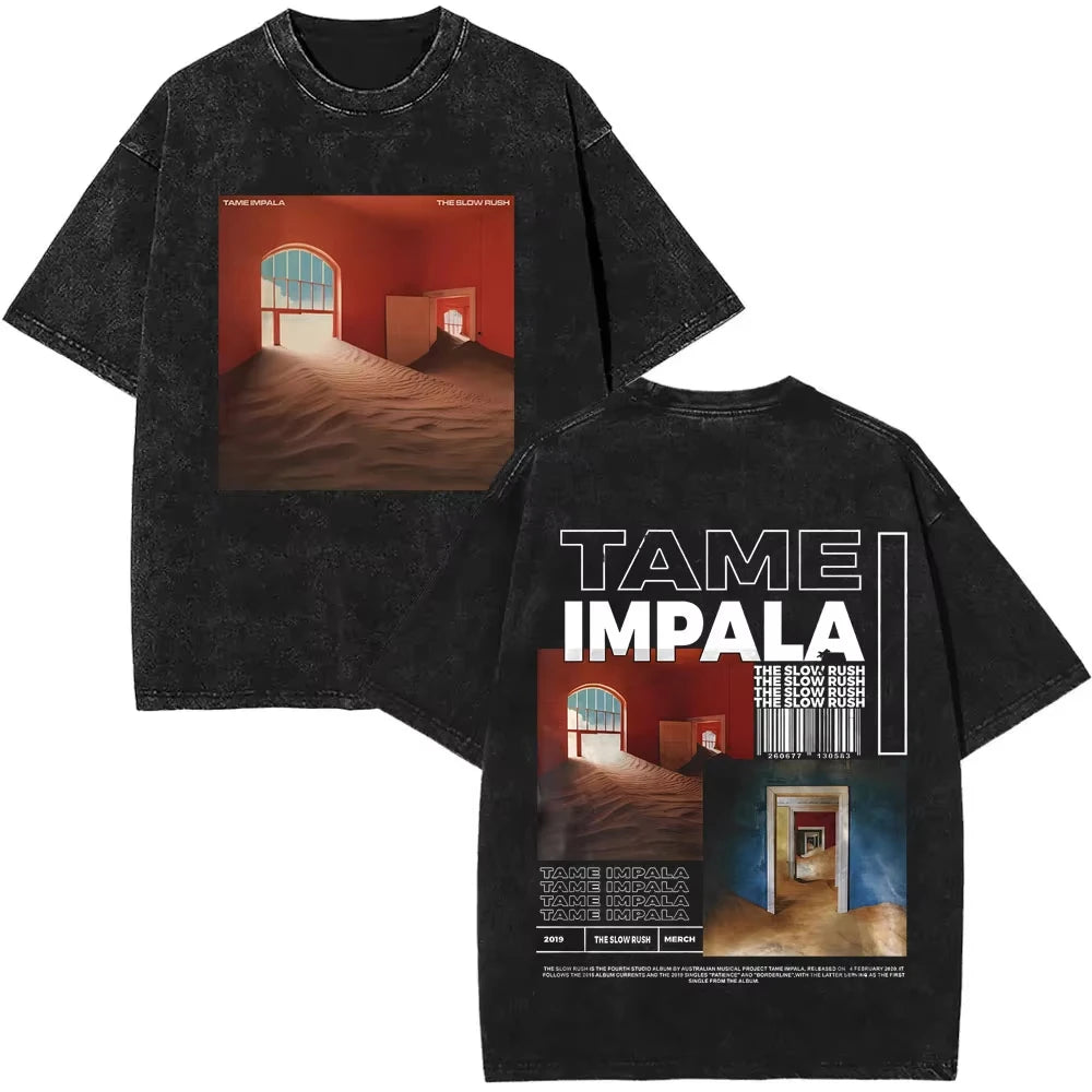 تي شيرتات 2025 Washed Vintage Tame Impala Graphic Print Tshirts ملابس رجالية تي شيرت Pop Rock Band للرجال والنساء تي شيرت عصري ريترو