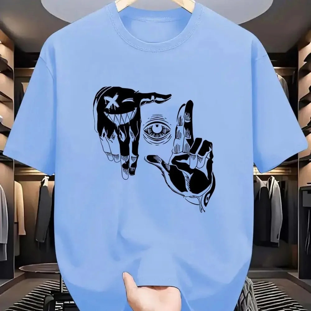 تيشيرت رجالي صيفي 2025 مصنوع من البوليستر، مريح، يسمح بمرور الهواء، برقبة دائرية، مزين بنقشة عين شخصية مطبوعة، مناسب للأنشطة الخارجية