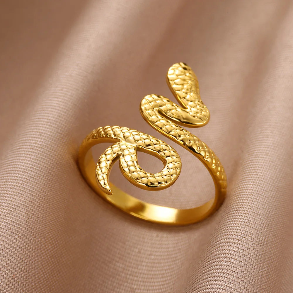 خواتم ثعبان من الفولاذ المقاوم للصدأ مطلي بالذهب عيار 316L للنساء والرجال، مفتوحة وقابلة للتعديل، بتصميم قوطي عتيق، مجوهرات جمالية.