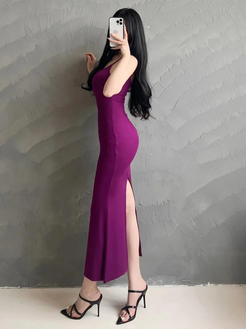 Pure Desire Spicy Girl Strap Dress, Women's Summer Look Skinny Bag Hip Split Long Dress Elegant Sweet Fashion Women Tops L7SY
