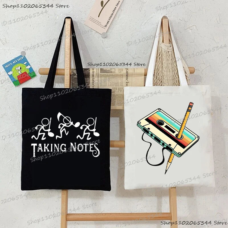 Vintage Musical Notes Handbag 80s Cassette Tape Pencil  Print Canvas Tote Bags Throwback Music Lover Gift Teacher Shoulder Bags