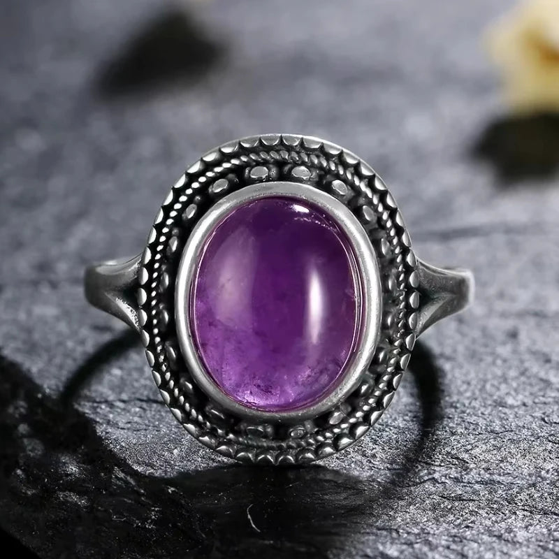 خواتم عتيقة من الفضة الإسترليني عيار 925 مرصعة بحجر الجمشت الطبيعي، بتصميم زهرة، مجوهرات فضية فاخرة بتصميم كلاسيكي، هدايا مثالية للحفلات للنساء والرجال