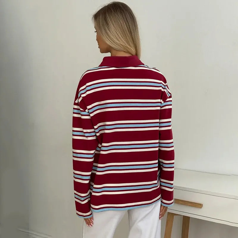 تيشيرت تورنوفا كاجوال بأكمام طويلة مخططة، بياقة بولو، فضفاض، بلوزة نسائية، تصميم عصري بطبعة كلاسيكية، تيشيرت نسائي جديد لفصل الخريف