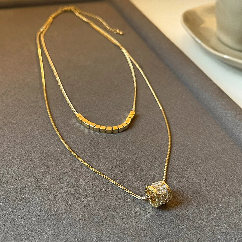 قلادة جديدة من الفولاذ المقاوم للصدأ ذات طبقتين ذهبيتين اللون، قلادة فاخرة من الزركون، سلسلة عنق للنساء، إكسسوارات مجوهرات