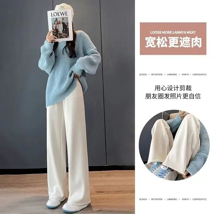 Fleece Lined Wide Leg Pants Women's Slim Straight Thick Corduroy Trousers Spring Autumn Winter New Style High Waist Long Pants