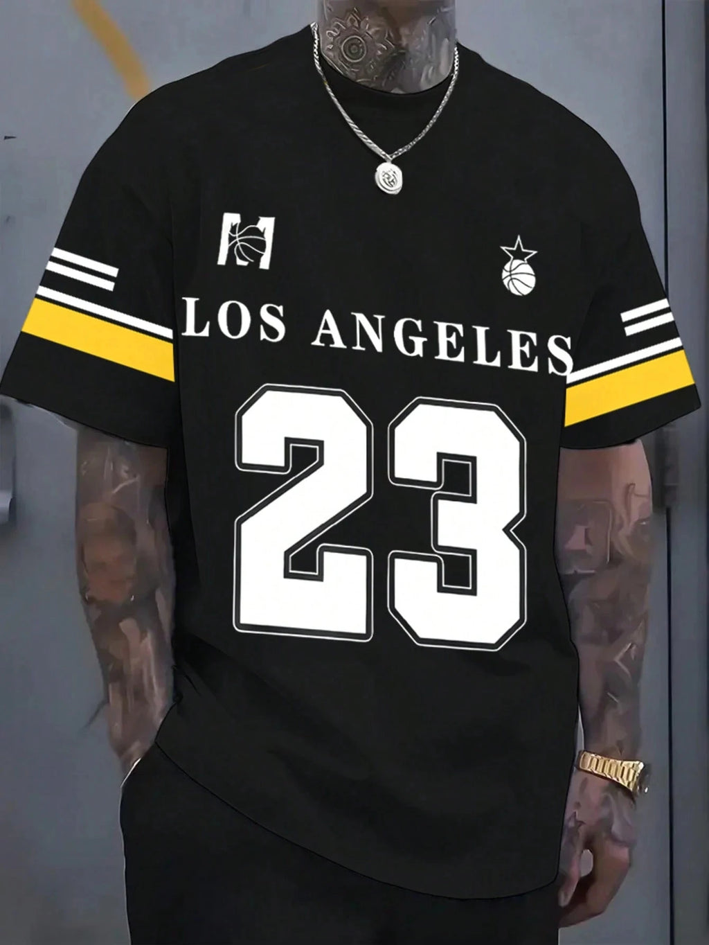 تي شيرت رجالي بتصميم فريق لوس أنجلوس 23 لكرة السلة، ملابس رياضية كاجوال، ملابس رجالية مريحة، قابلة للتنفس، رقبة دائرية، أكمام قصيرة