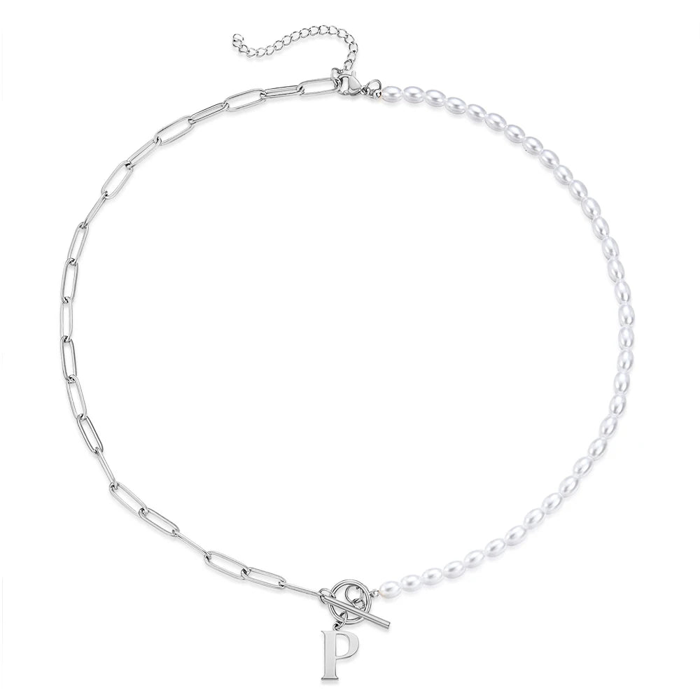 سلسلة مجوهرات جديدة من NIBA مصنوعة من الفولاذ المقاوم للصدأ باللون الذهبي والفضي على شكل حرف أبجدي مرصعة باللؤلؤ للنساء والأزياء النسائية