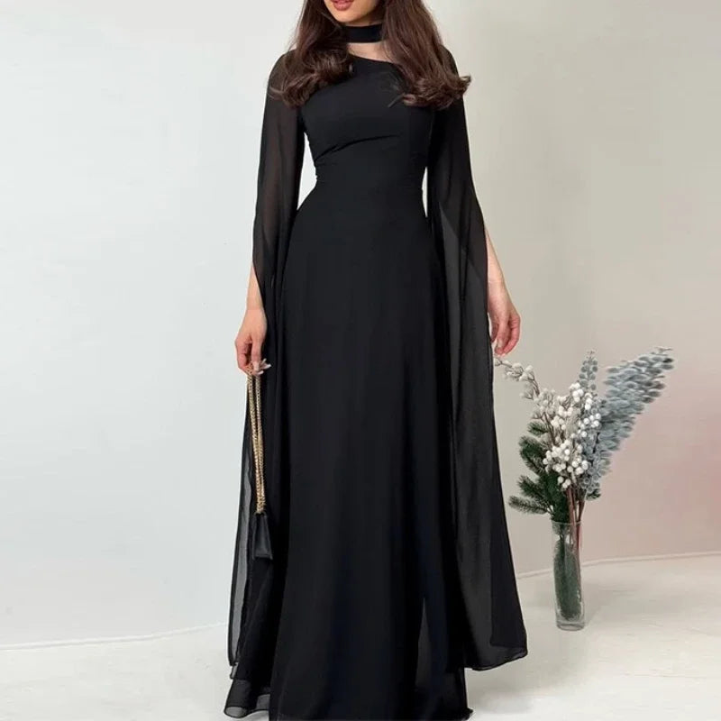 Summer Women's Clothing O-neck Long Sleeve Party Dress Elegant Solid Color Robe Dress Fashion High Waist Slim Evening Dress
