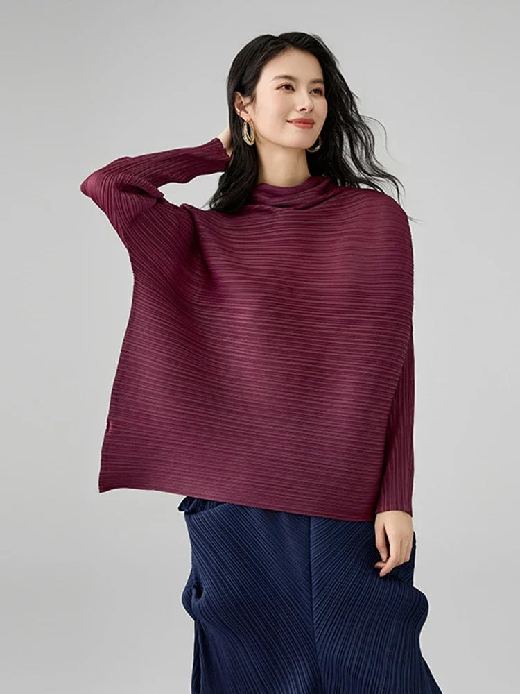 تيشيرت نسائي كاجوال بأكمام طويلة وقصة واسعة من الأسفل مع ياقة وشاح، بلوزة فضفاضة أنيقة من مياكي، صيف 2025، لون عنابي مطوي