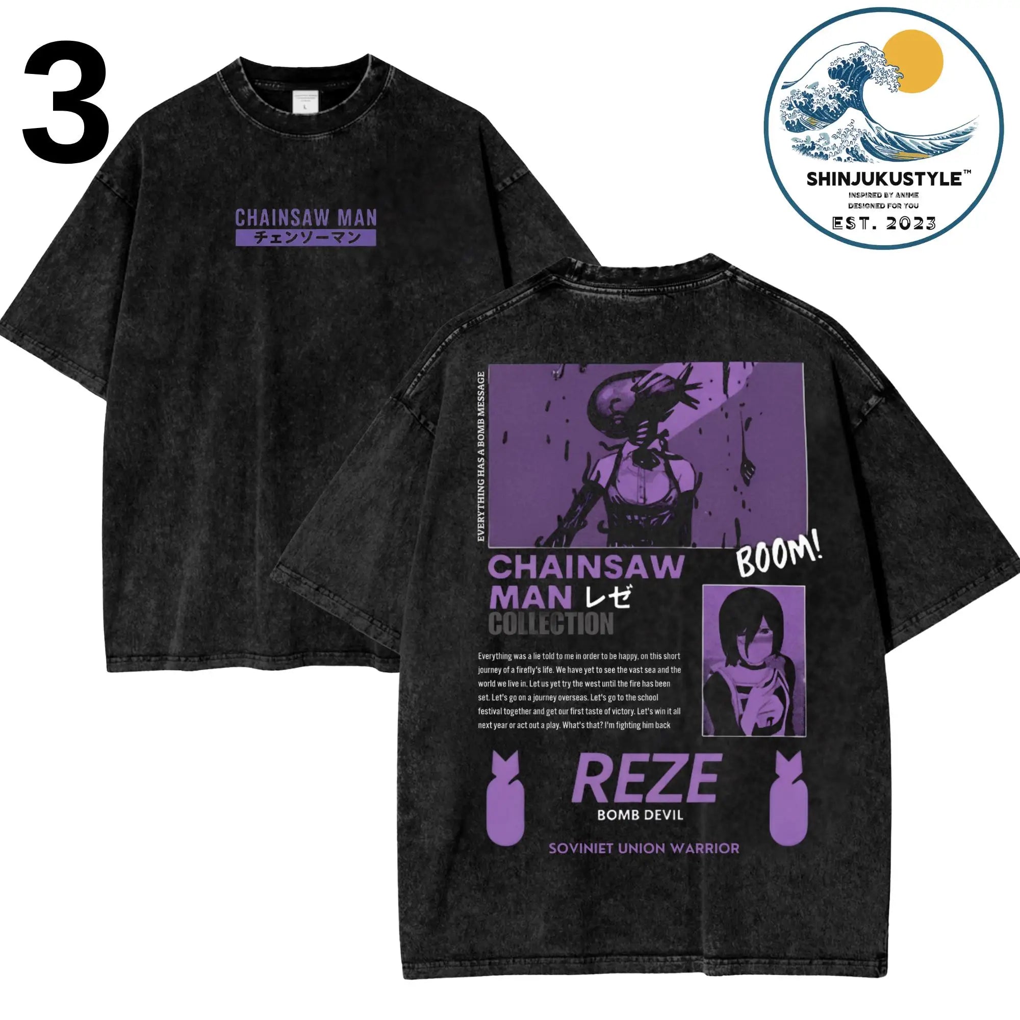 تي شيرت Chainsaw Man X Reze Devil T-Shirt بغسيل حمضي كبير الحجم من الرسوم المتحركة Mange للرجال والنساء ملابس الشارع الكلاسيكية بأكمام قصيرة للرجال والنساء