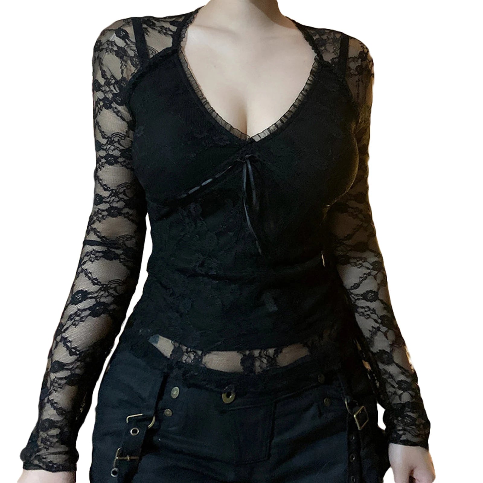 قمصان نسائية أنيقة من الدانتيل بأكمام طويلة ورقبة على شكل حرف V وربطة أمامية وقمصان ضيقة وملابس نادي الشارع