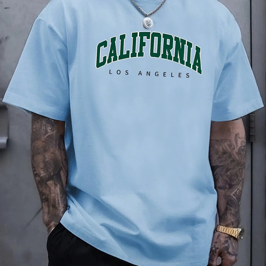 تيشيرت صيفي رجالي قطني 100%، فضفاض، رياضي، مطبوع عليه حرف كاليفورنيا كبير، مريح، بياقة دائرية وأكمام قصيرة