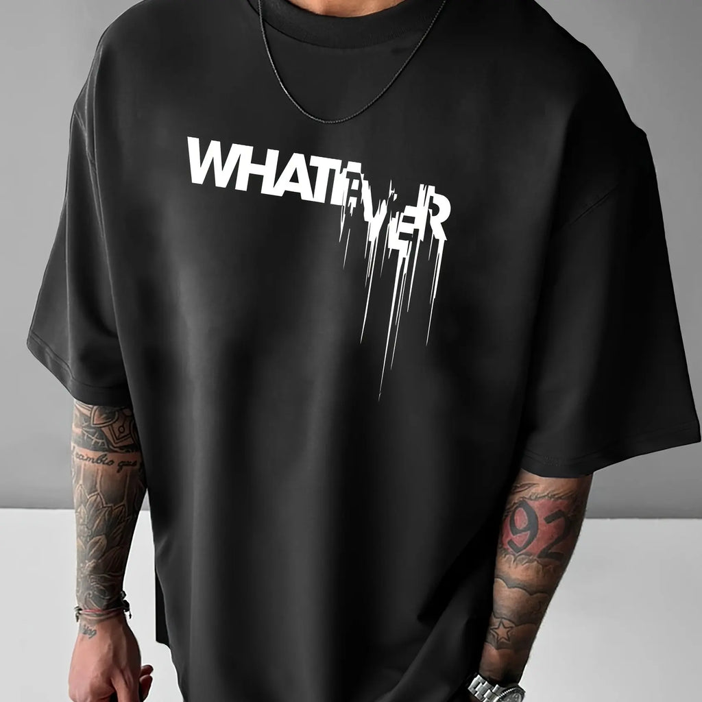 تيشيرت رجالي صيفي فضفاض مصنوع من القطن الخالص 100%، مطبوع عليه حروف WHATEVER، مريح وعملي، بياقة دائرية وأكمام قصيرة.