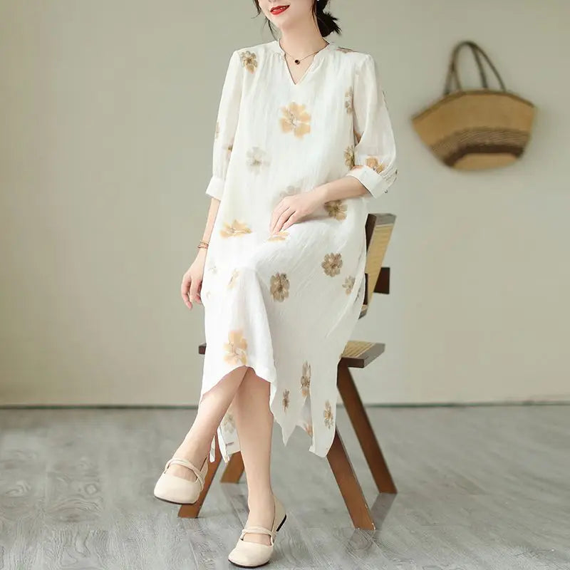 Elegant V-Neck Spliced Pockets Printed Vintage Dress Women's Clothing 2025 Summer New Loose Commuter Ladies Dresses