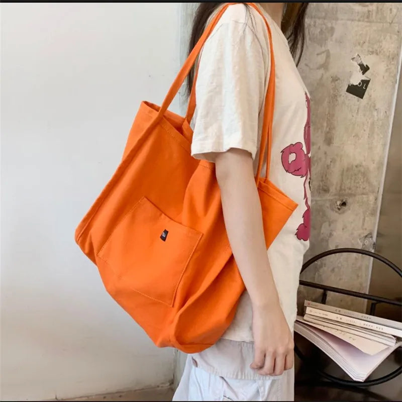 Canvas Bag High Quality Reusable Shopping Shoulder Bag Women Simple Casual Daily Use Handbag Totes Female Portable Folding Purse