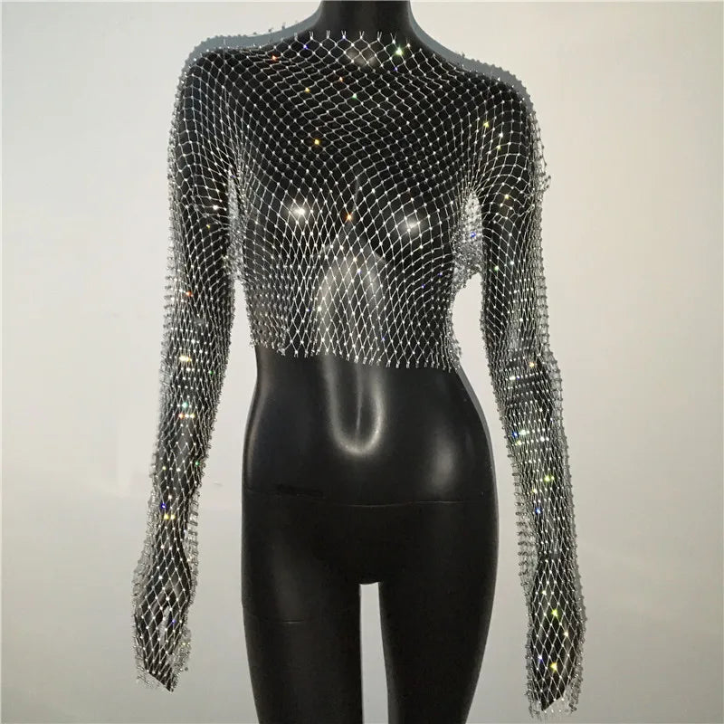 تي شيرت نسائي خريفي مثير شفاف من خلال شبكة صيد السمك مع أحجار الراين اللامعة وشبكة مجوفة بأكمام طويلة وقمصان قصيرة للحفلات الليلية والمهرجانات