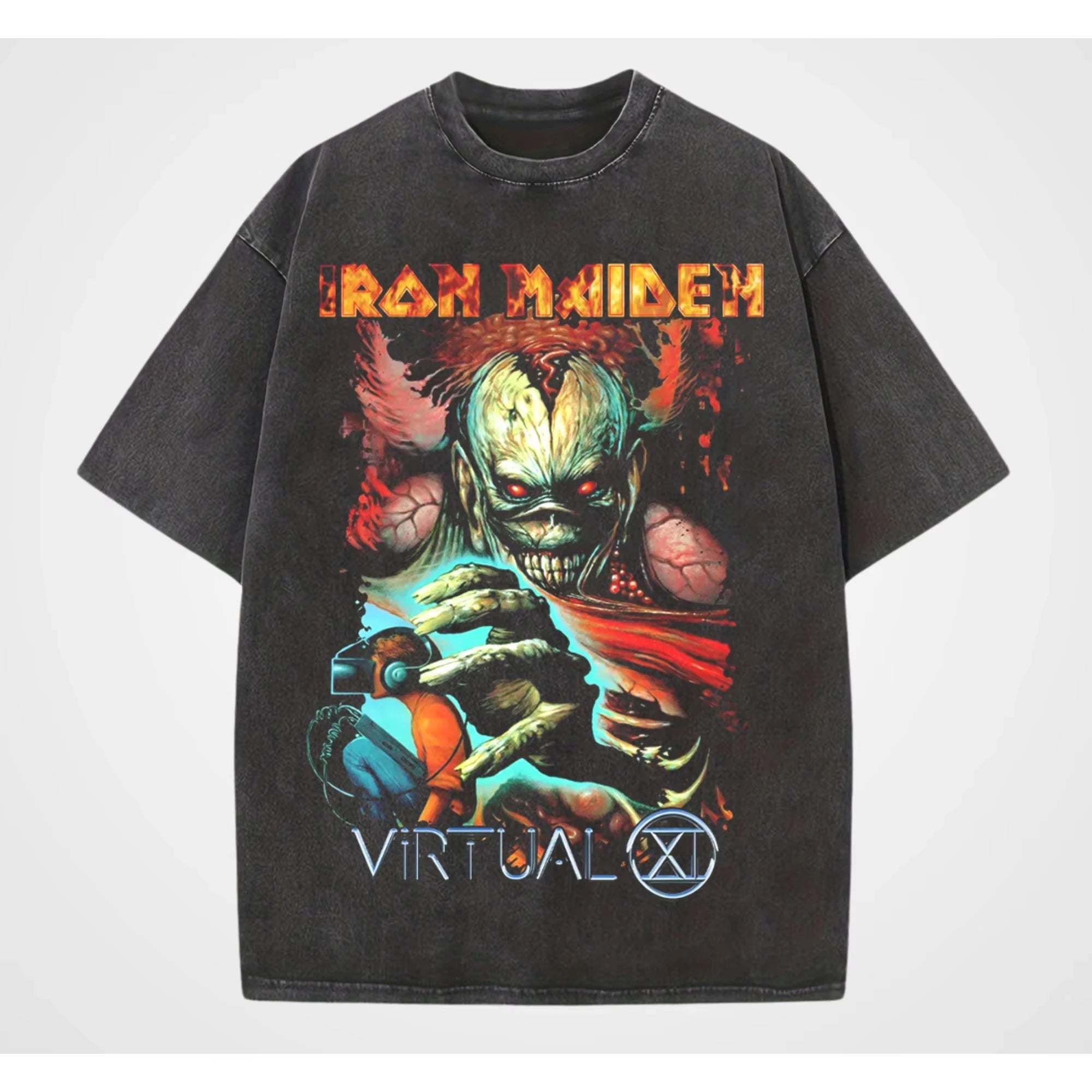 تي شيرت رجالي ونسائي عتيق من LRON Maiden Iron Lady Rock Washed بتصميم هيب هوب أمريكي عتيق بأكمام قصيرة ونصف عصرية