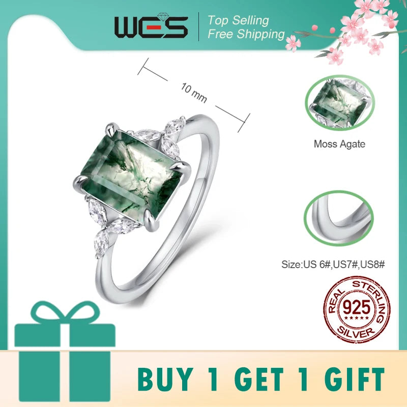 خواتم خطوبة فريدة من نوعها من الفضة الإسترليني عيار 925 من WES مقاس 7*9 مم مصنوعة من العقيق الطحلب الطبيعي للنساء، مجوهرات غابة بوهو، هدية لها بالجملة