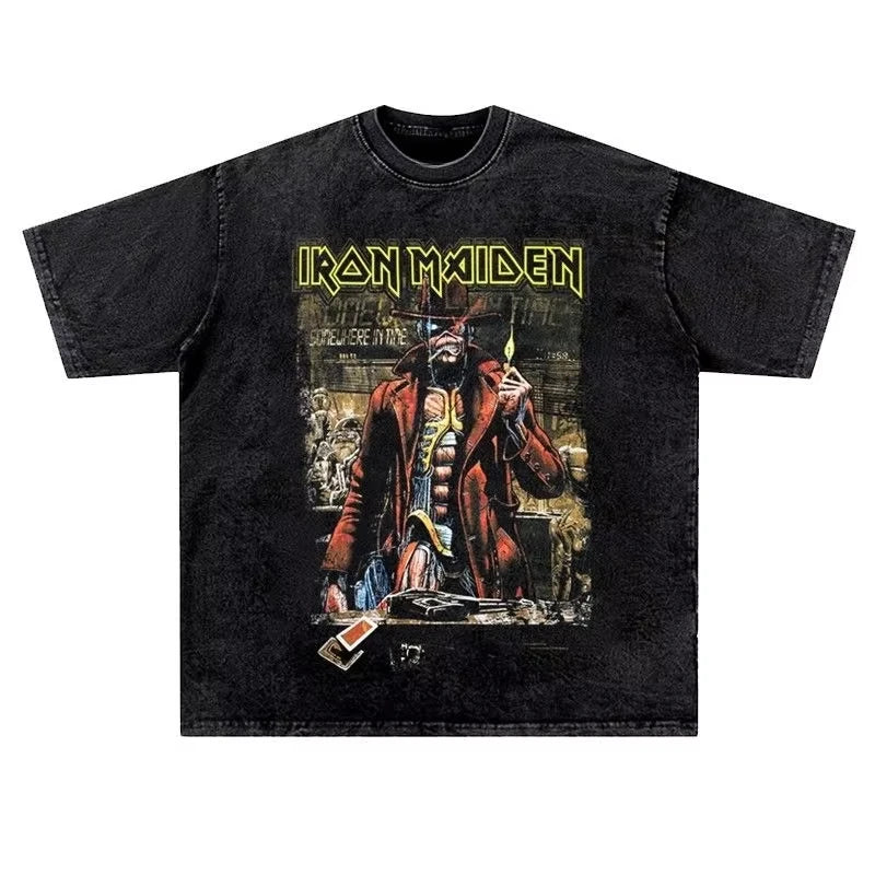 تي شيرت رجالي ونسائي عتيق من LRON Maiden Iron Lady Rock Washed بتصميم هيب هوب أمريكي عتيق بأكمام قصيرة ونصف عصرية