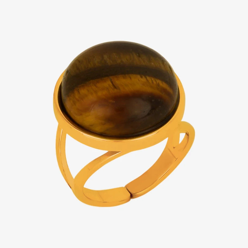 خاتم من حجر عين النمر الحقيقي على شكل قلب الشمس من الفولاذ المقاوم للصدأ، خواتم مفتوحة للنساء والرجال، إكسسوارات مجوهرات عتيقة مطلية بالذهب الحقيقي