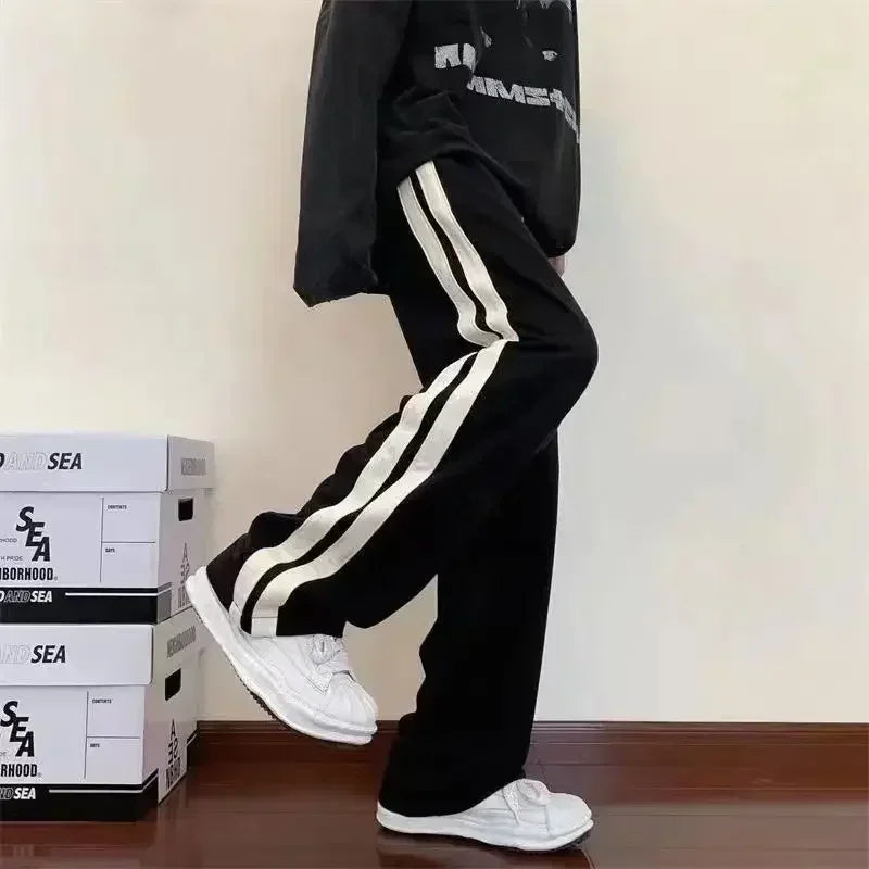 2025 Korean Fashion Wide Leg Pant Women Loose Casual Striped High Waist Woman Hiphop Elastic Waists Pocket Straight Pants
