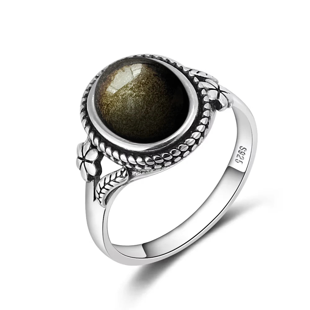 خواتم فضة إسترليني عيار 925 بتصميم عتيق، مرصعة بحجر عين النمر الطبيعي على شكل زهرة، مقاس 8×10 مم، مناسبة للرجال والنساء.