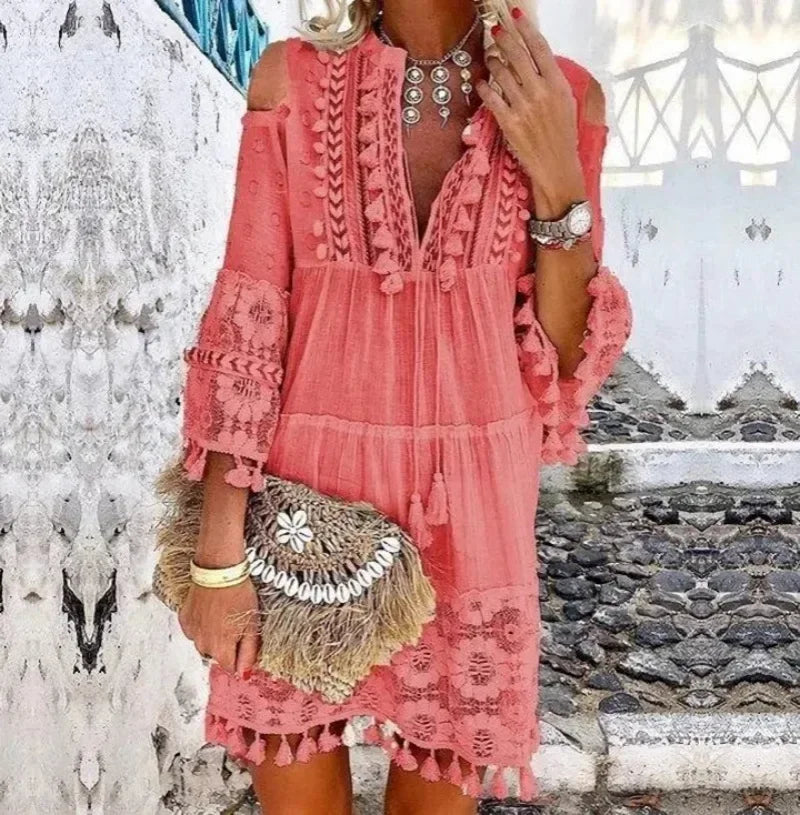 Spring Large Size Women Dress Lace White V-neck Lace Tassel Casual Dresses Female New Casual Elegant Fashion Ladies Clothes