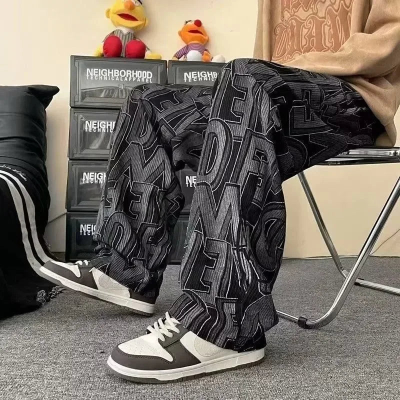 American Casual Pants Men Loose High Street Corduroy Letter Printed Wide Leg Solid Color Spring and Autumn Sports Pants Male