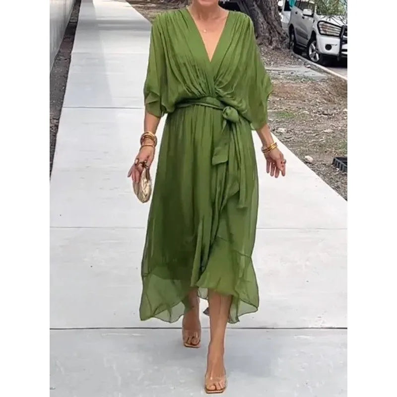 Elegant Chiffon Solid Party Dresses For Women Sexy V Neck Bat Sleeves Lace Up Ruffles Irregular Long Dress Casual Robe Femme