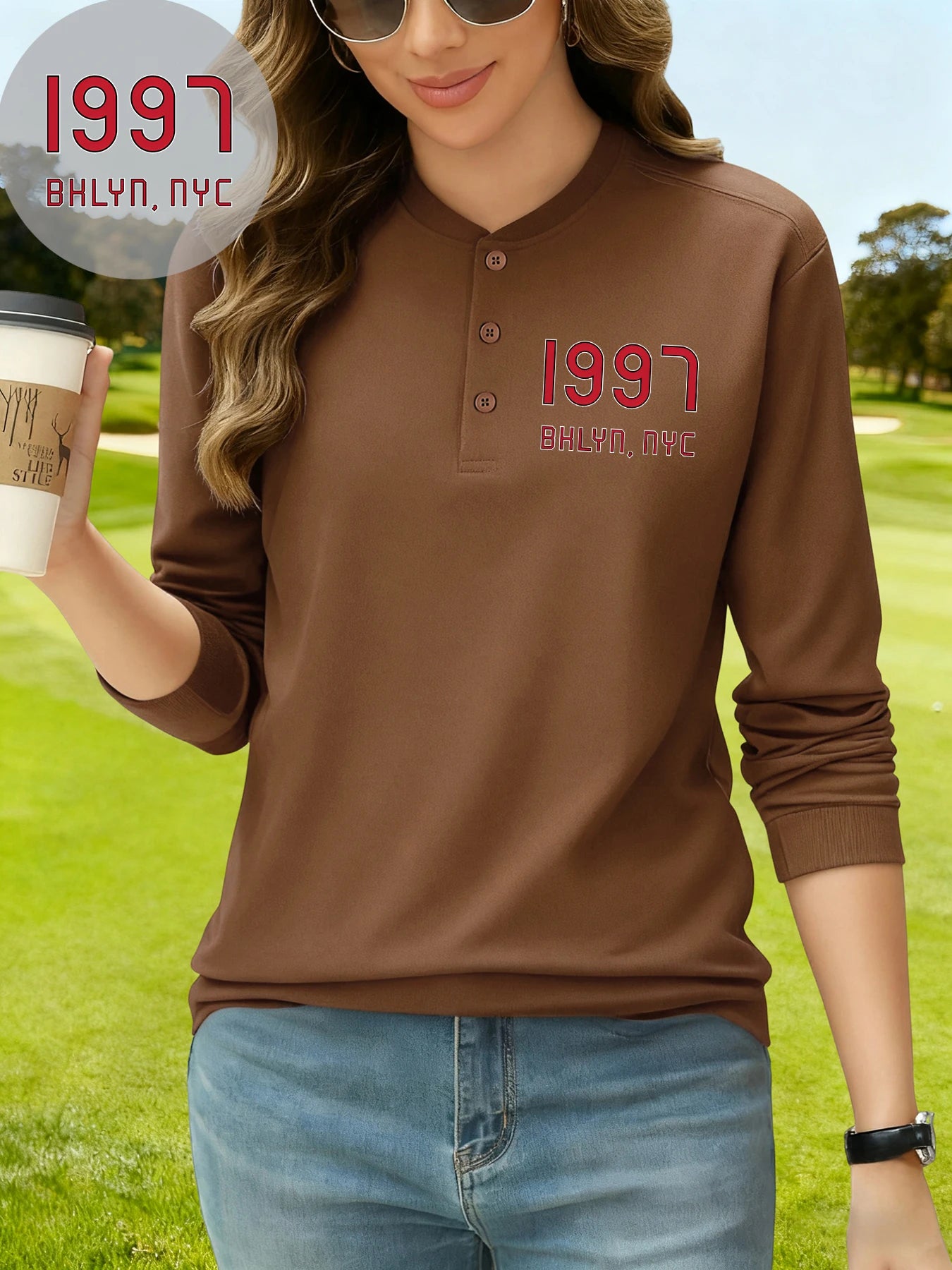 قميص نسائي أساسي رياضي خريفي بأكمام طويلة من Bhlyn New York City مطبوع عليه Henley من عام 1997، قمصان قطنية برقبة هنري، ملابس عمل