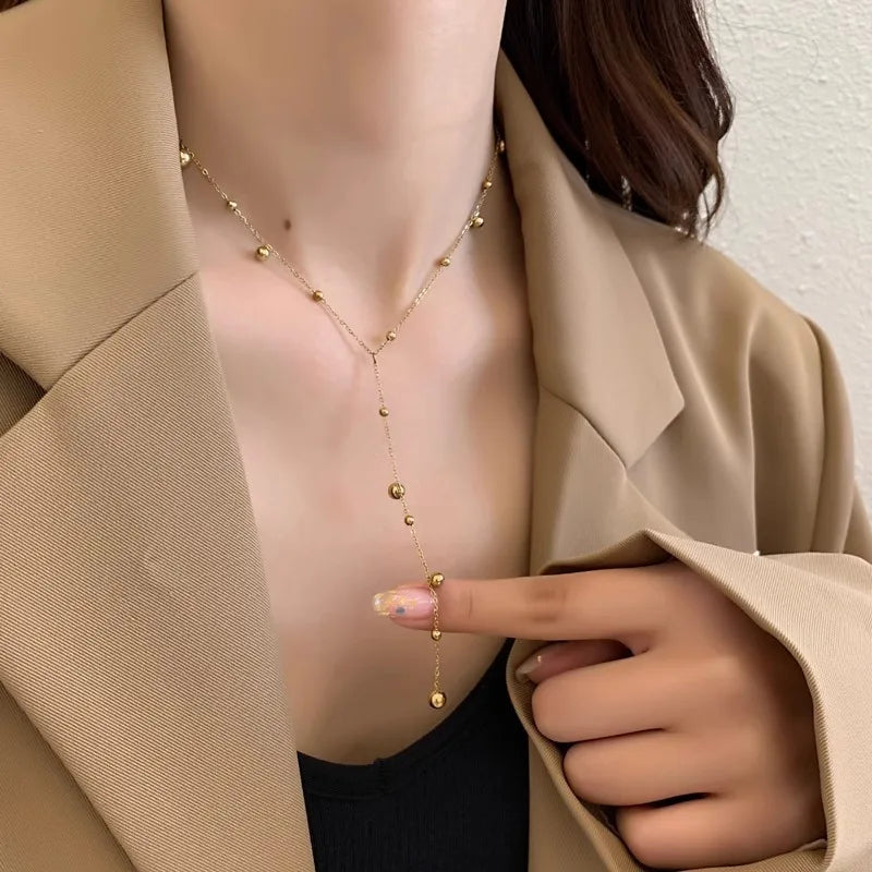 316L Stainless Steel Gold Color Beads Long Pendant Necklace For Women Fashion Choker Clavicle Chain Jewelry Gift Wedding