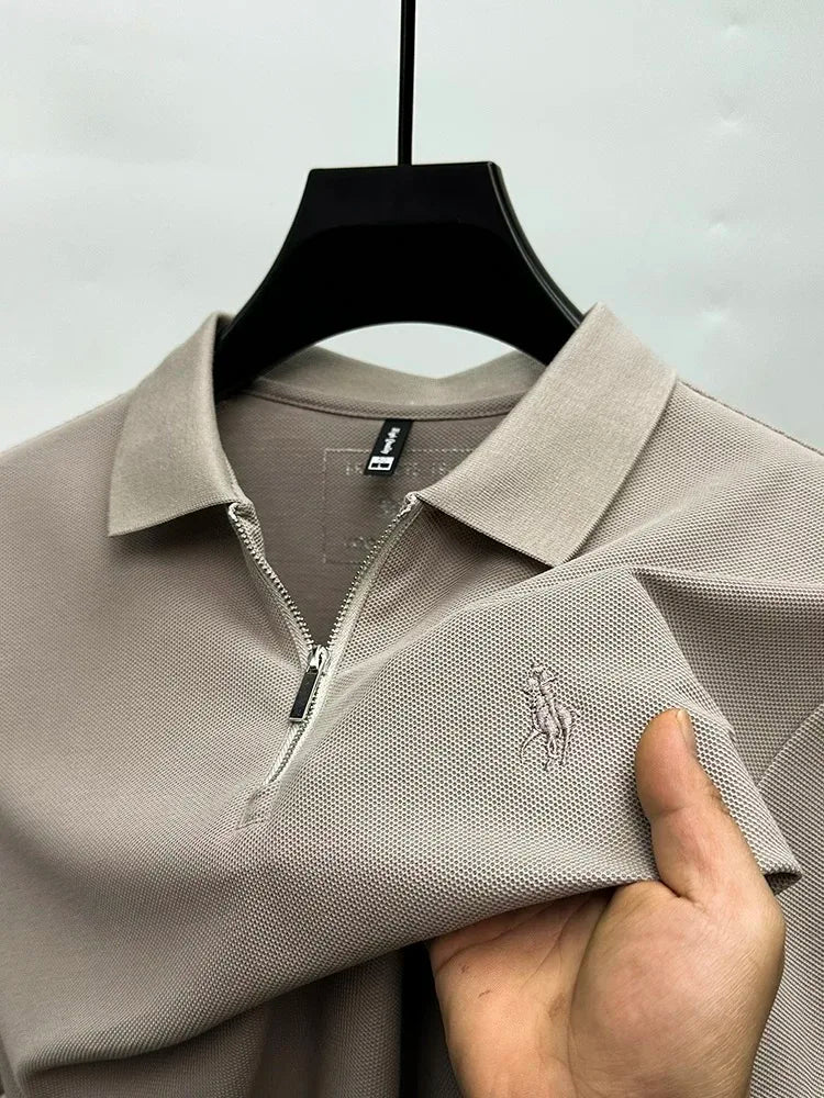 قميص بولو بأكمام قصيرة مطرز على شكل حصان من علامة تجارية عالية الجودة، اتجاه فريد بنصف سحاب فاخر، تي شيرت بول، مصمم ملابس رجالية جديدة