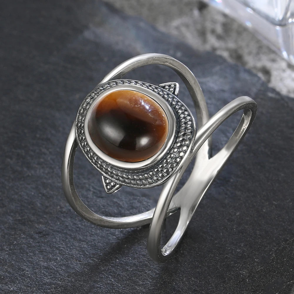 خواتم فضة إسترليني عيار 925 بتصميم عتيق، مرصعة بحجر عين النمر الطبيعي على شكل زهرة، مقاس 8×10 مم، مناسبة للرجال والنساء.