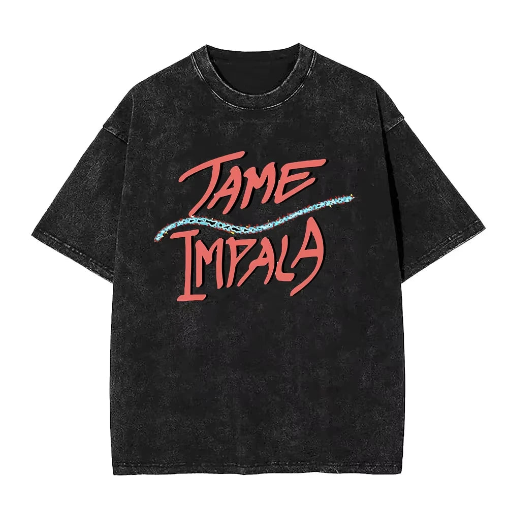 تي شيرتات 2025 Washed Vintage Tame Impala Graphic Print Tshirts ملابس رجالية تي شيرت Pop Rock Band للرجال والنساء تي شيرت عصري ريترو