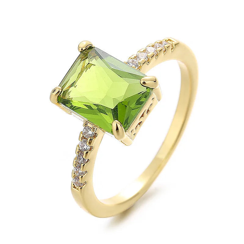 Princess Cut Olive Green Stone Square Rings For Women Antique Gold Color Geometric Zircon Wedding Bands Promise Engagement Ring
