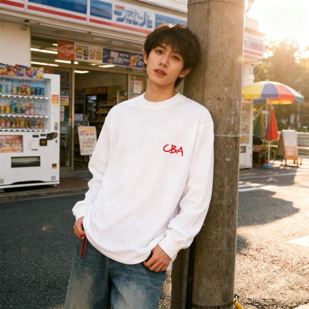 تي شيرت رجالي فضفاض بأكمام طويلة مطبوع عليه KUCLUT 1:1 على الطراز الياباني 300GSM من أفضل أنواع ملابس الشارع، مقاس كبير، مصنوع من القطن بنسبة 100%