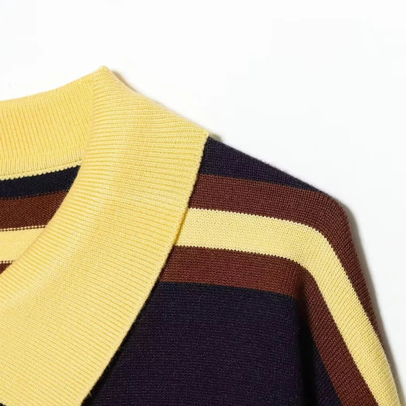 بلوزة نسائية مخططة بأكمام طويلة وياقة بولو مناسبة للخريف والشتاء، سترة نسائية أنيقة غير رسمية مزينة بأزرار