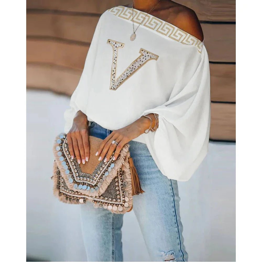2025 Fall Women Sexy White Skew Collar Fashion T-shirts Daily Wear One Shoulder Rhinestone Letter Long Sleeve Casual Top mujer