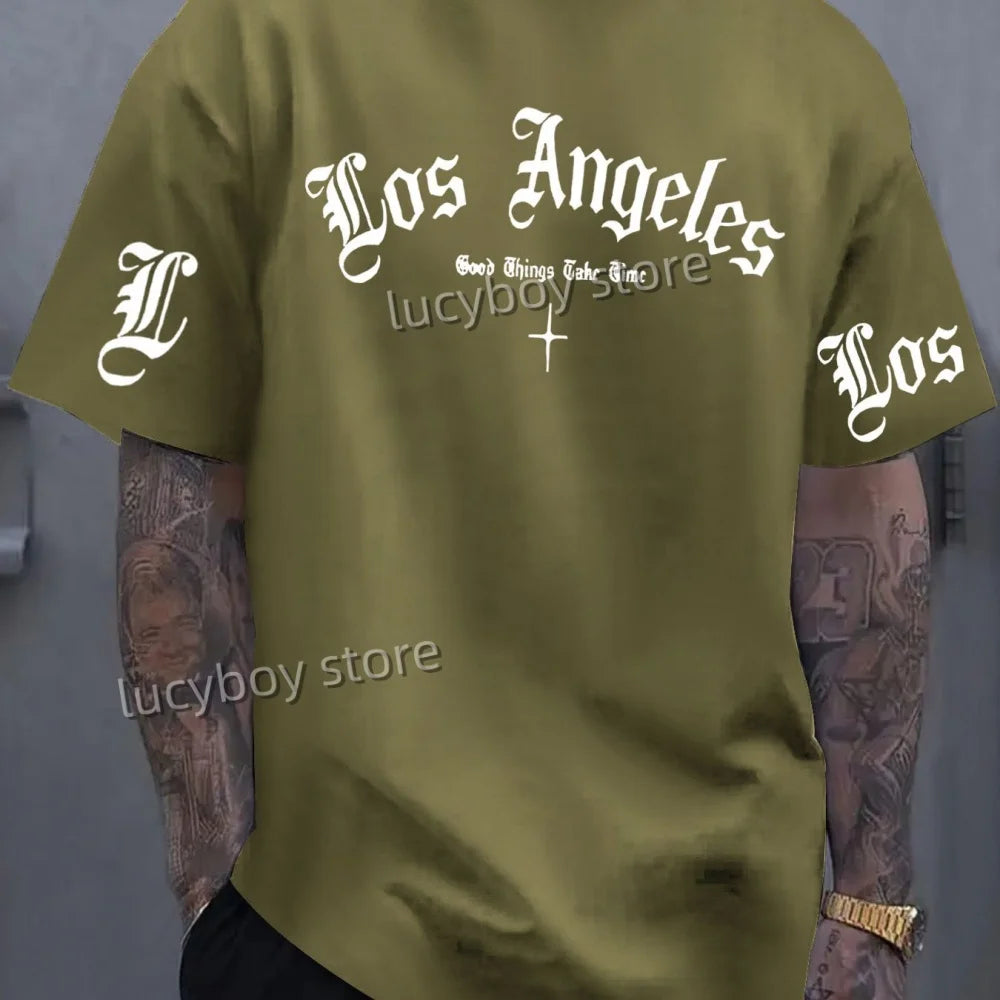 تي شيرت رجالي مطبوع عليه شعار لوس أنجلوس 2025، بأكمام قصيرة، ورياضة كرة قدم، ومقاسات كبيرة، ورقبة مستديرة، وملابس رجالية