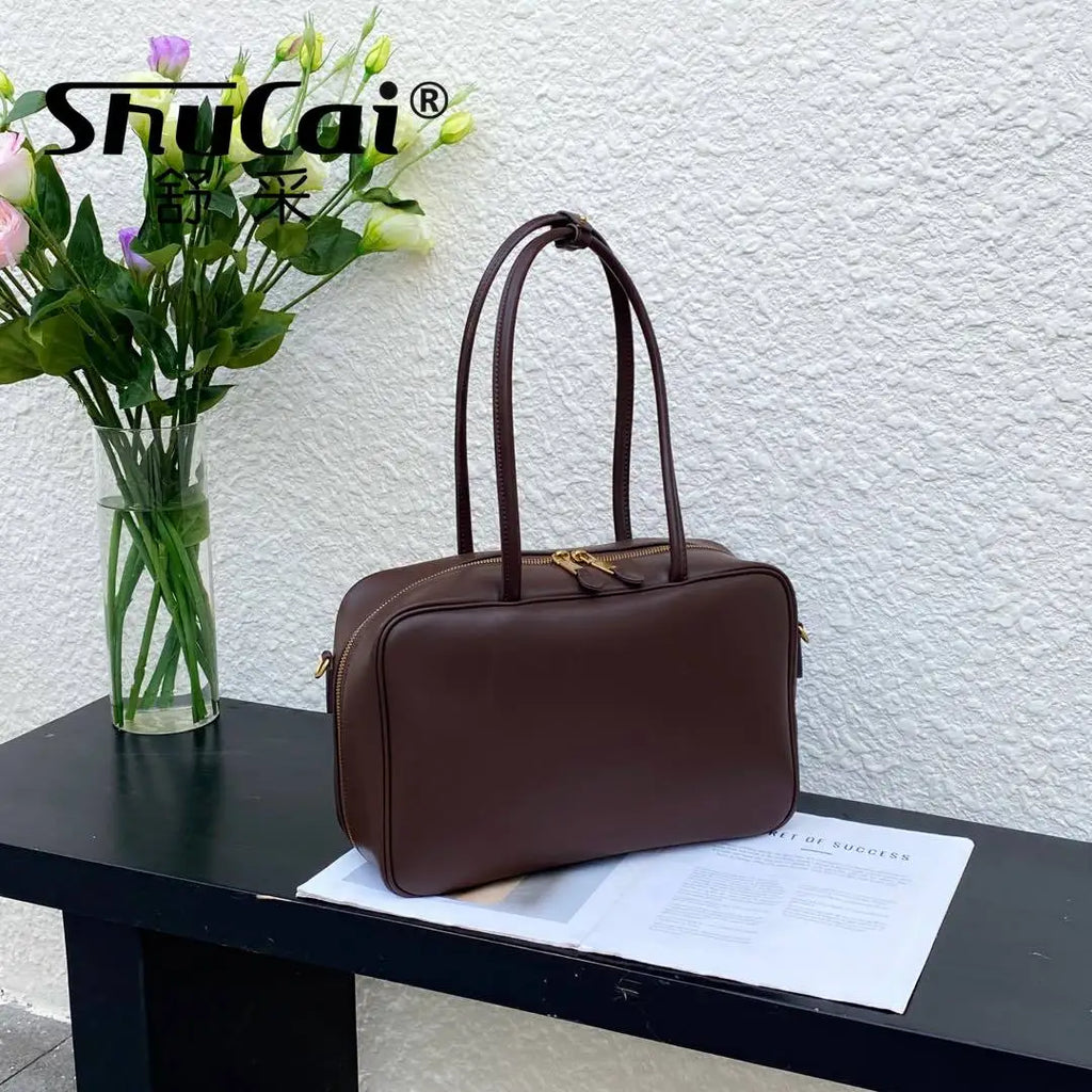 حقائب كتف نسائية أنيقة من الجلد الأصلي باللون الأسود بتصميم فاخر من جلد البقر البني حقيبة كبيرة للنساء حقائب يد نسائية باللون البني