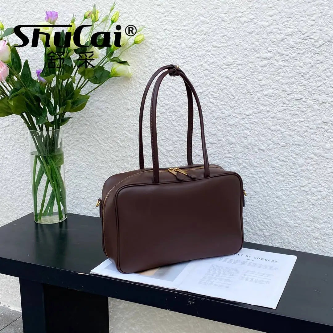 حقائب كتف نسائية أنيقة من الجلد الأصلي باللون الأسود بتصميم فاخر من جلد البقر البني حقيبة كبيرة للنساء حقائب يد نسائية باللون البني