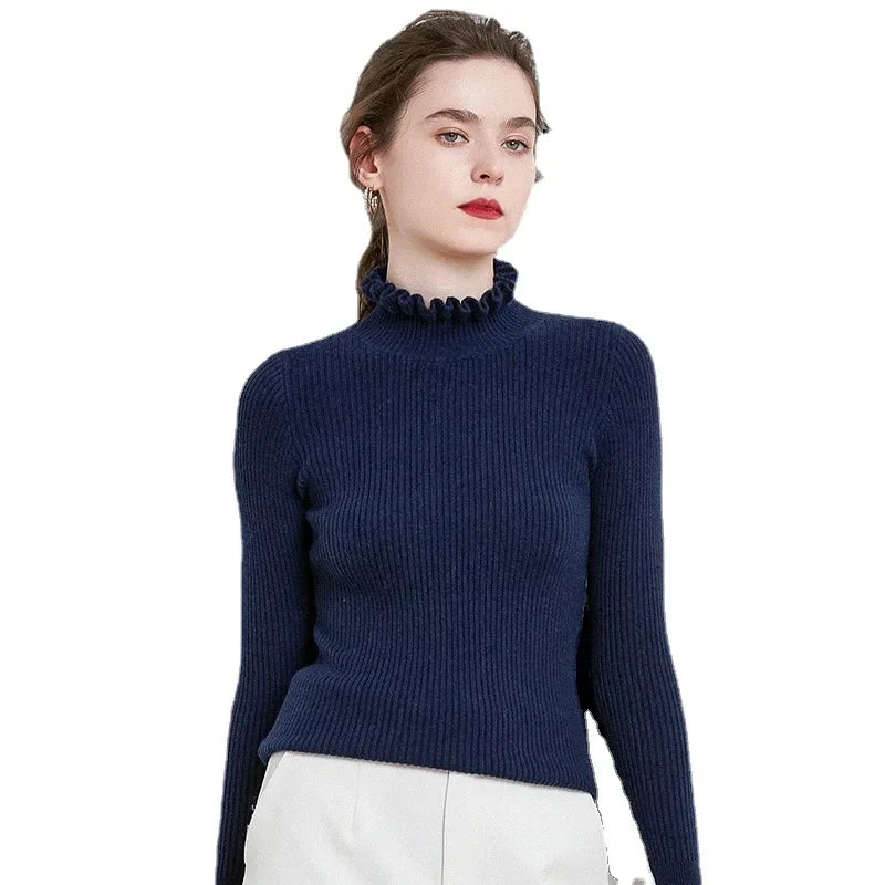 Autumn Winter Women's Knitted Sweater Floral Collar Inner Wear Tided Base Shirt Underwear Sweater Coat Top Pure Color Full Sleev