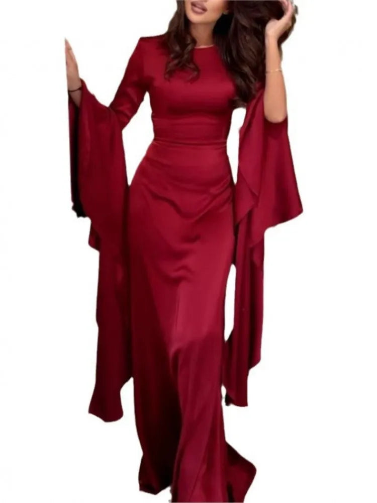 Dress For Women Elegant Solid Color Round Neck Casual Party Long Dresses Simple Sleeve Loose Evening Dresses Vestidos Para Mujer